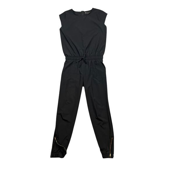 Albion Jumpsuit Women Small Black Ankle Zip Cap Sleeve Smocked Tie Waist BackZip - Picture 1 of 13